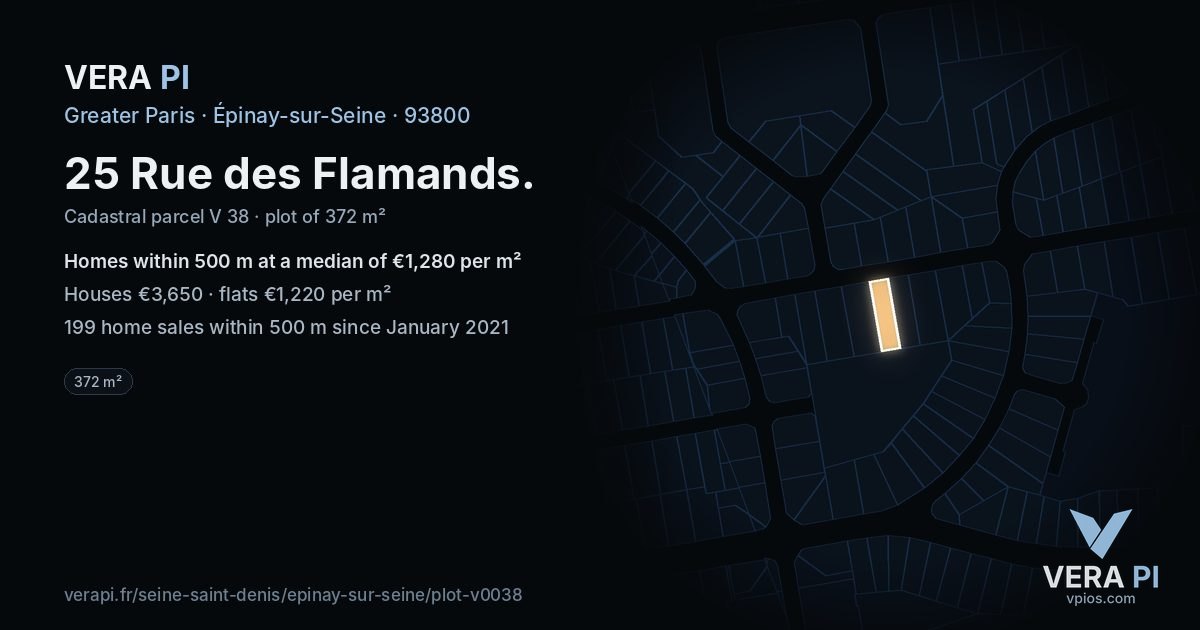 25 Rue des Flamands, Épinay-sur-Seine at night – the plot lit, the parcels around coloured by the prices near them