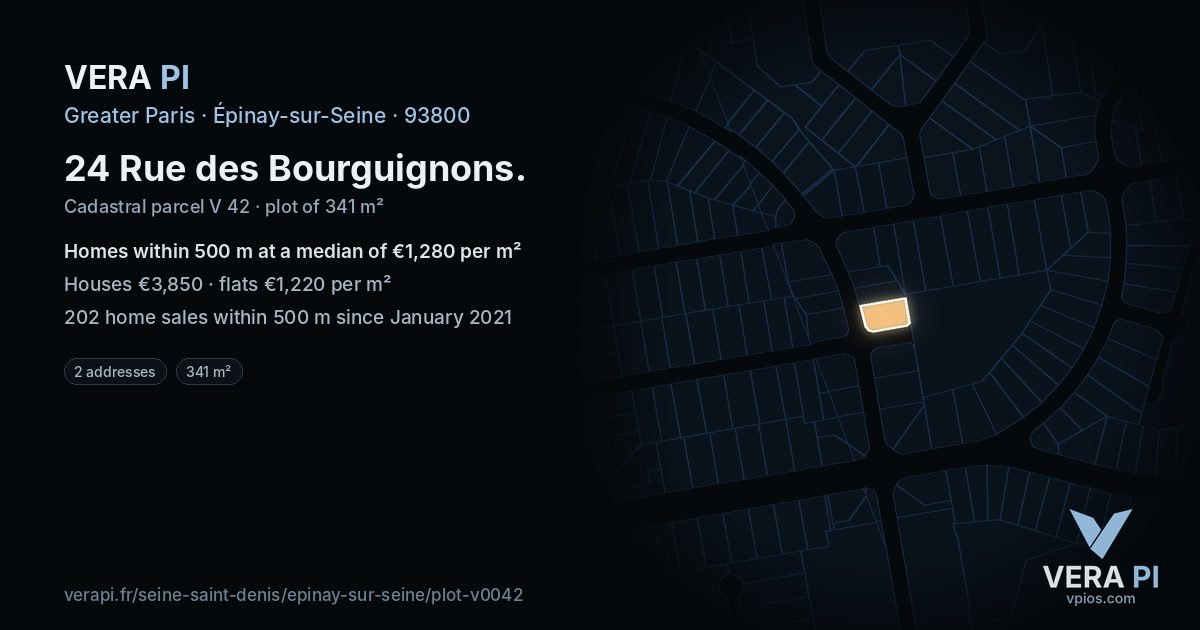 24 Rue des Bourguignons, Épinay-sur-Seine at night – the plot lit, the parcels around coloured by the prices near them