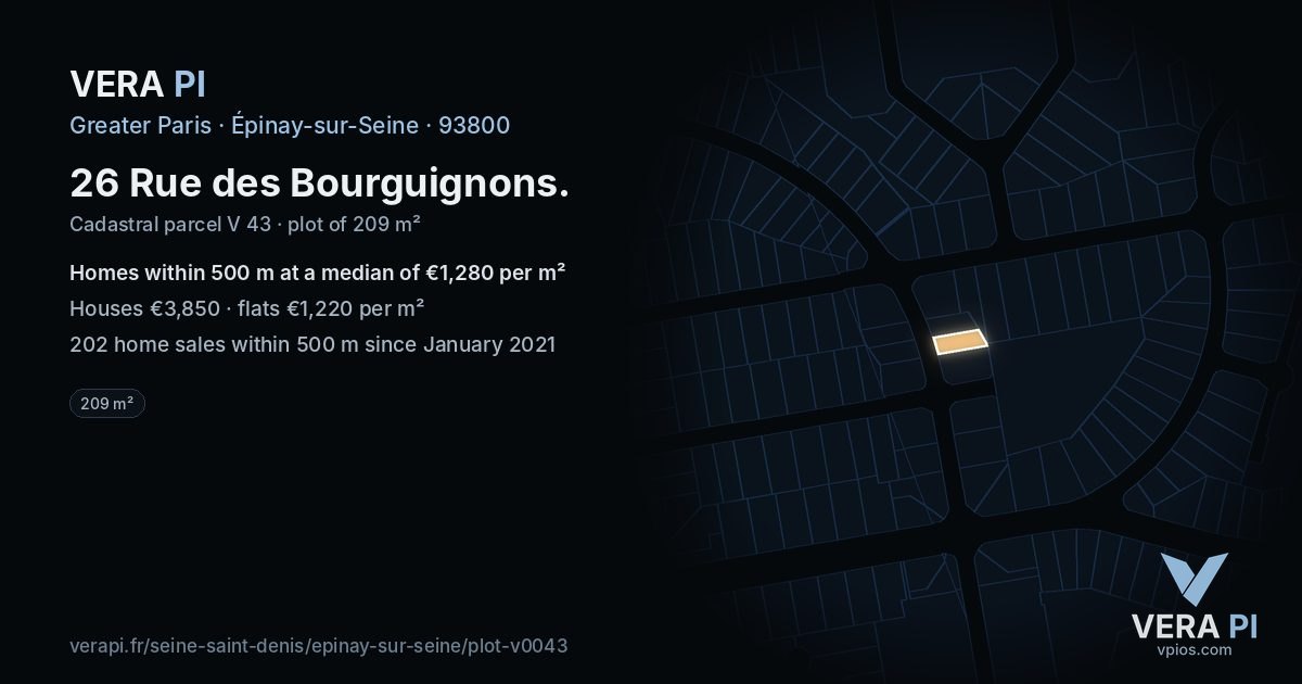 26 Rue des Bourguignons, Épinay-sur-Seine at night – the plot lit, the parcels around coloured by the prices near them