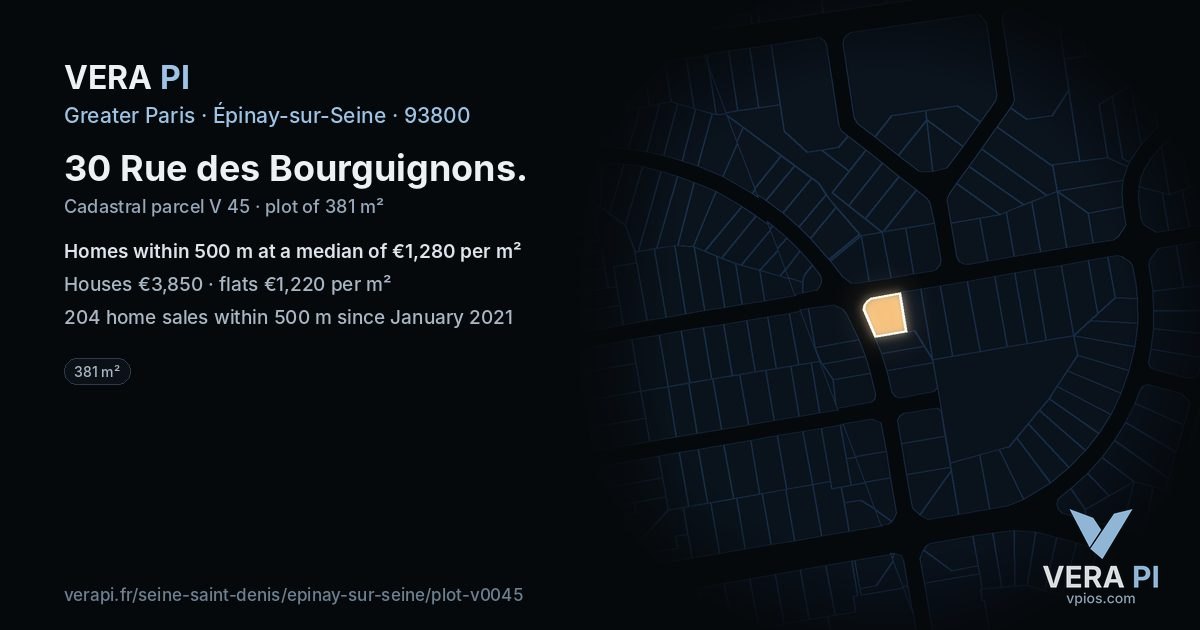 30 Rue des Bourguignons, Épinay-sur-Seine at night – the plot lit, the parcels around coloured by the prices near them