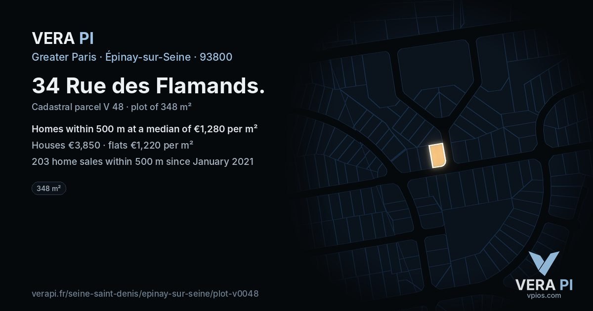 34 Rue des Flamands, Épinay-sur-Seine at night – the plot lit, the parcels around coloured by the prices near them