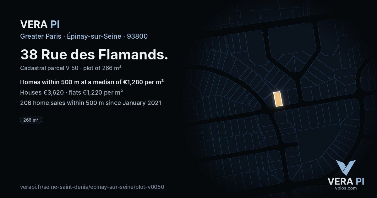 38 Rue des Flamands, Épinay-sur-Seine at night – the plot lit, the parcels around coloured by the prices near them