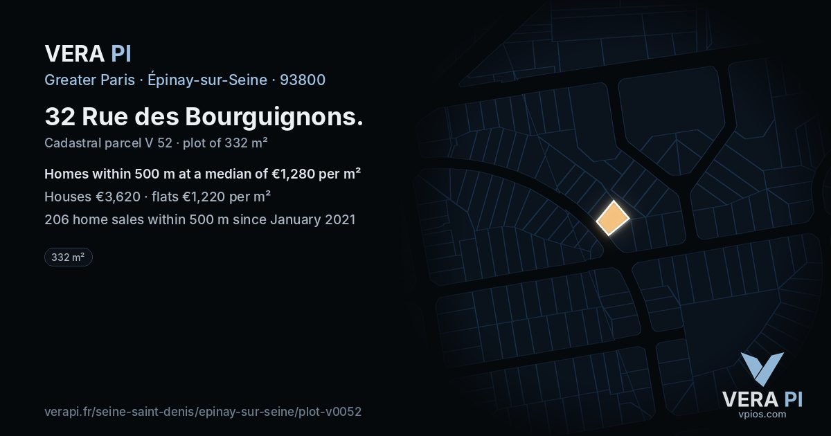 32 Rue des Bourguignons, Épinay-sur-Seine at night – the plot lit, the parcels around coloured by the prices near them