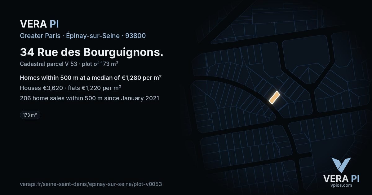 34 Rue des Bourguignons, Épinay-sur-Seine at night – the plot lit, the parcels around coloured by the prices near them