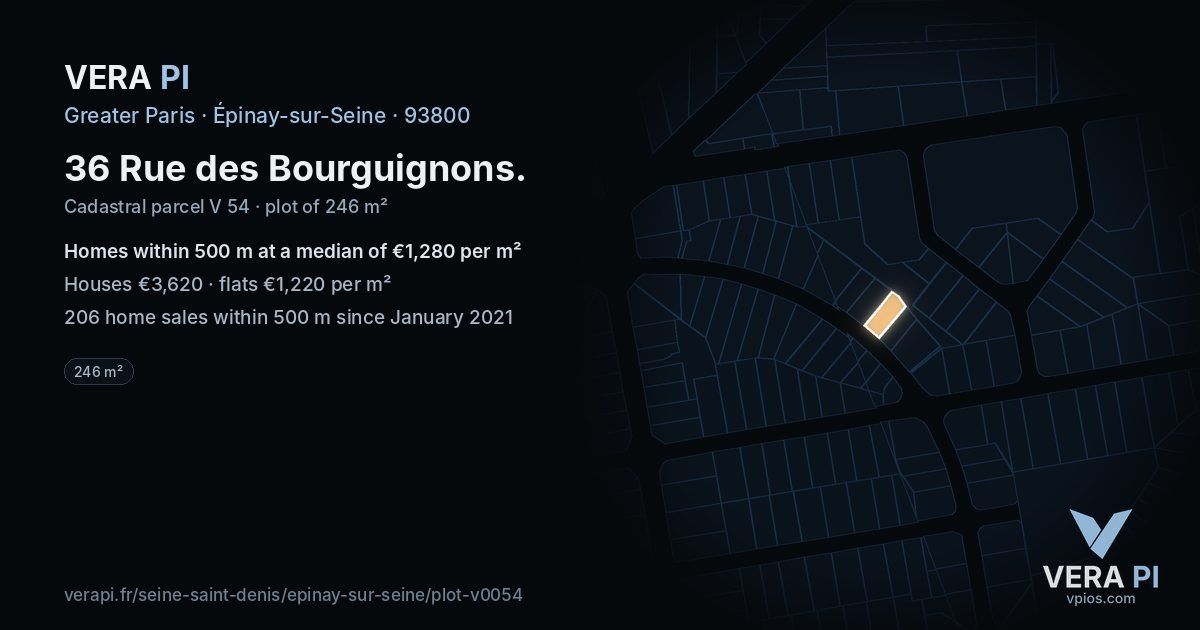 36 Rue des Bourguignons, Épinay-sur-Seine at night – the plot lit, the parcels around coloured by the prices near them