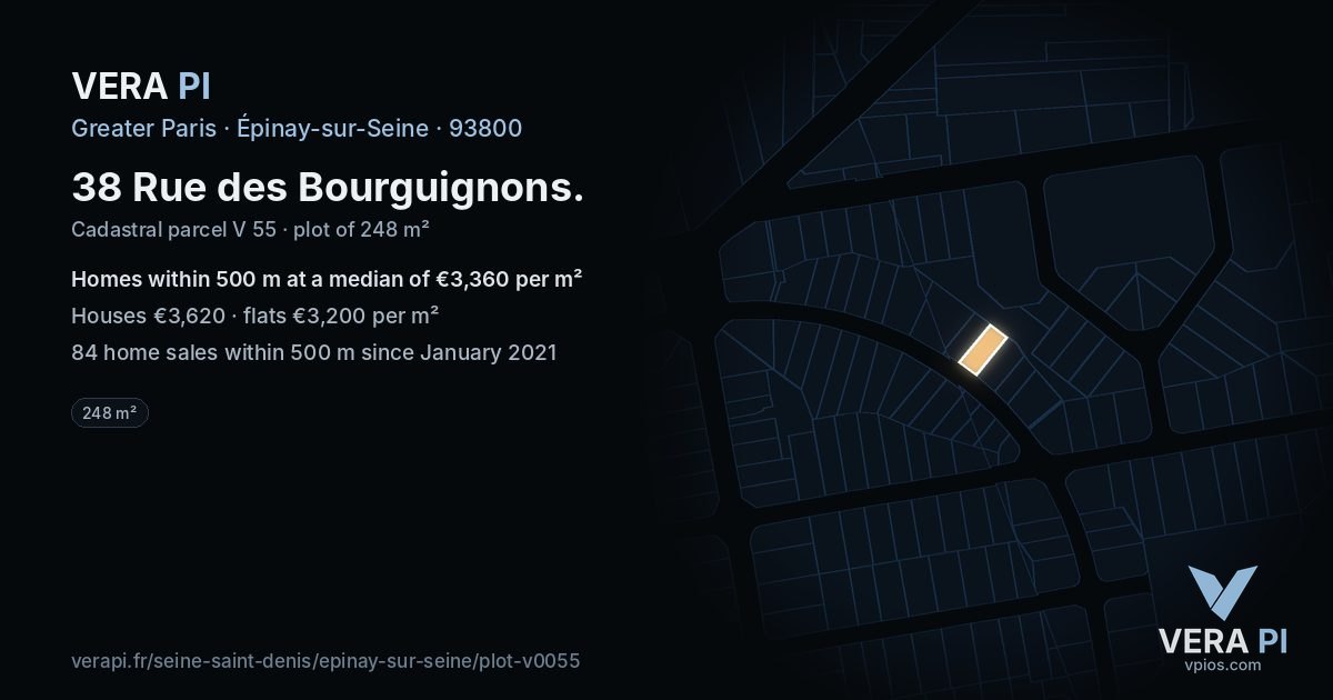 38 Rue des Bourguignons, Épinay-sur-Seine at night – the plot lit, the parcels around coloured by the prices near them