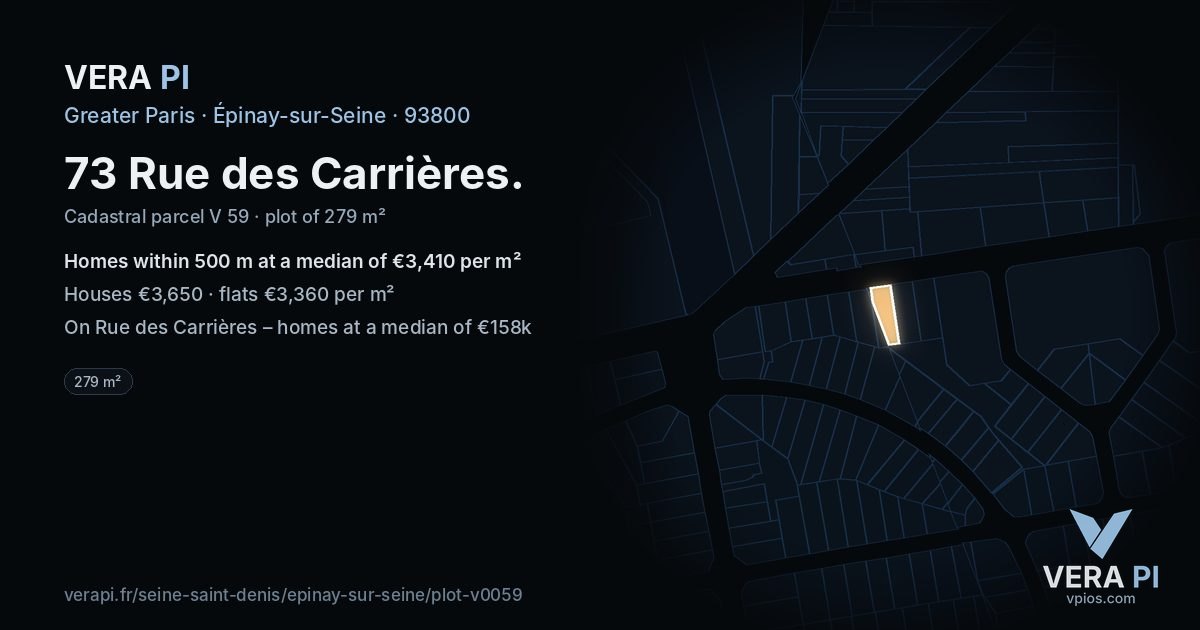 73 Rue des Carrières, Épinay-sur-Seine at night – the plot lit, the parcels around coloured by the prices near them