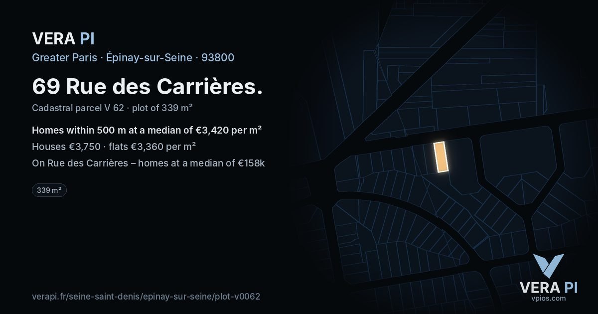 69 Rue des Carrières, Épinay-sur-Seine at night – the plot lit, the parcels around coloured by the prices near them