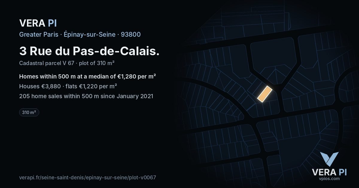3 Rue du Pas-de-Calais, Épinay-sur-Seine at night – the plot lit, the parcels around coloured by the prices near them
