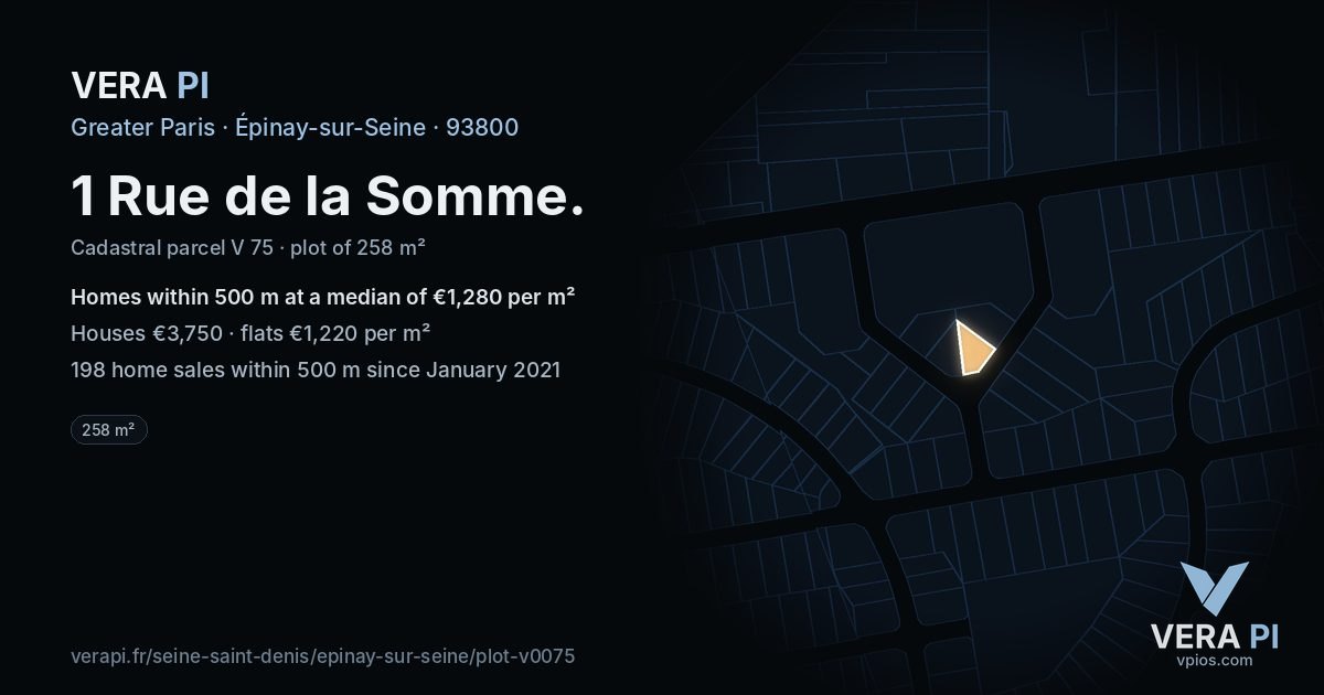 1 Rue de la Somme, Épinay-sur-Seine at night – the plot lit, the parcels around coloured by the prices near them