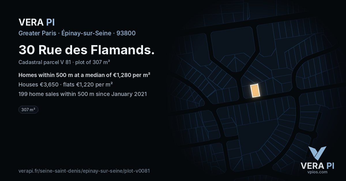 30 Rue des Flamands, Épinay-sur-Seine at night – the plot lit, the parcels around coloured by the prices near them