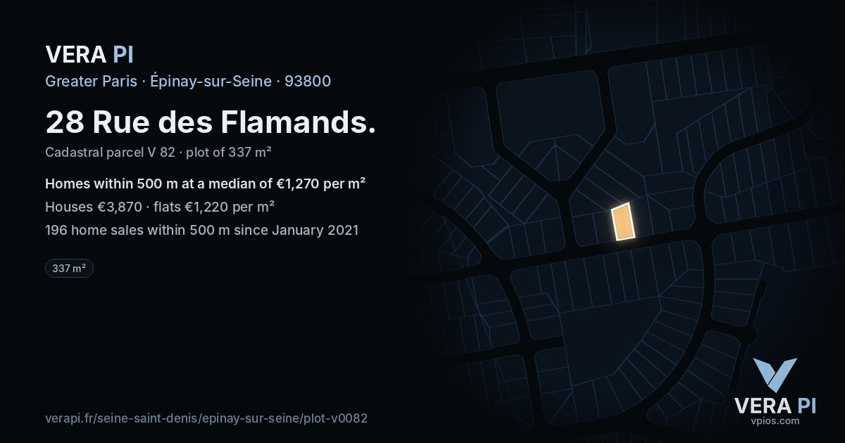 28 Rue des Flamands, Épinay-sur-Seine at night – the plot lit, the parcels around coloured by the prices near them