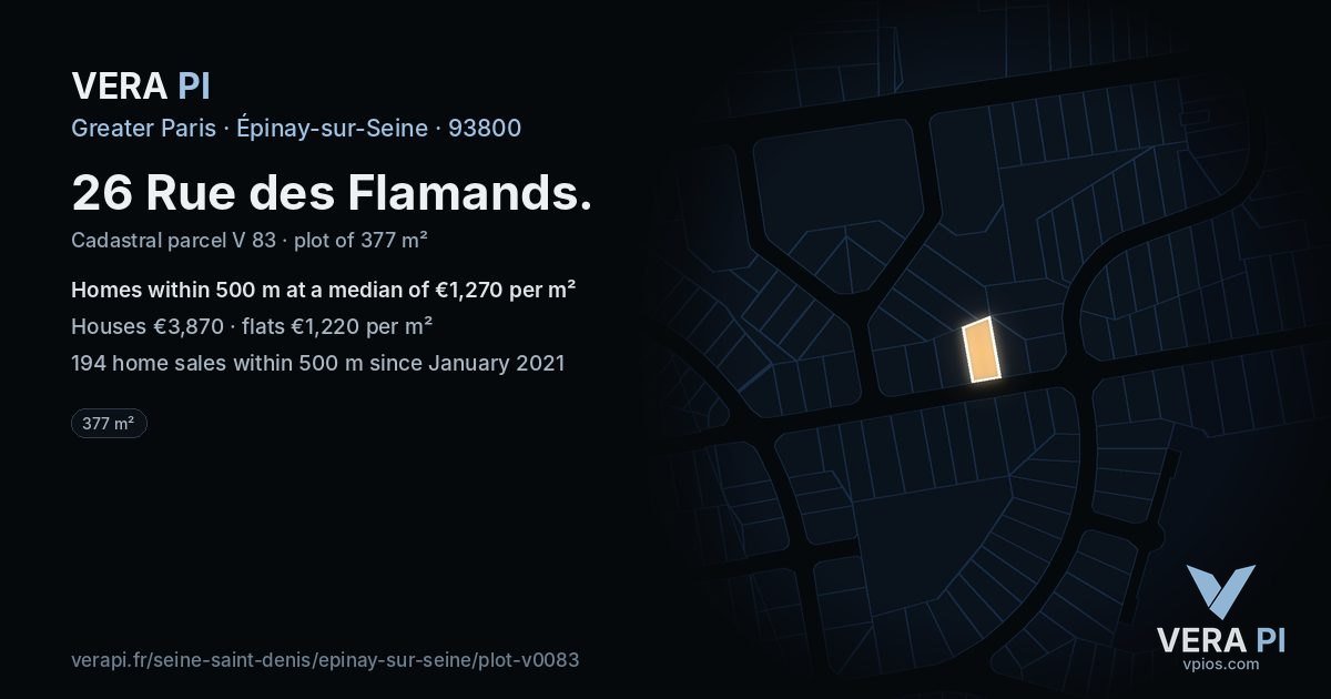26 Rue des Flamands, Épinay-sur-Seine at night – the plot lit, the parcels around coloured by the prices near them