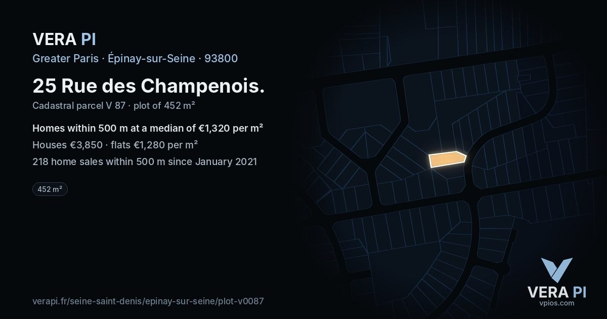 25 Rue des Champenois, Épinay-sur-Seine at night – the plot lit, the parcels around coloured by the prices near them