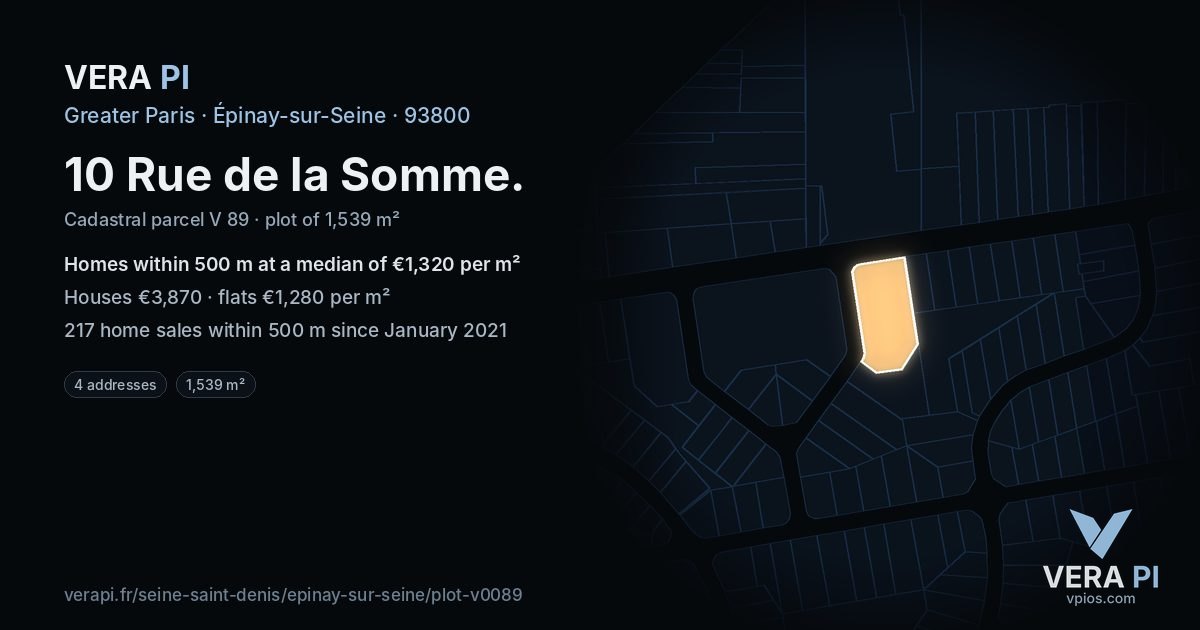 10 Rue de la Somme, Épinay-sur-Seine at night – the plot lit, the parcels around coloured by the prices near them