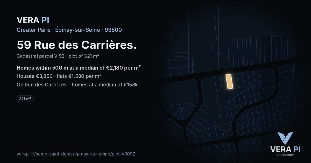 59 Rue des Carrières, Épinay-sur-Seine at night – the plot lit, the parcels around coloured by the prices near them