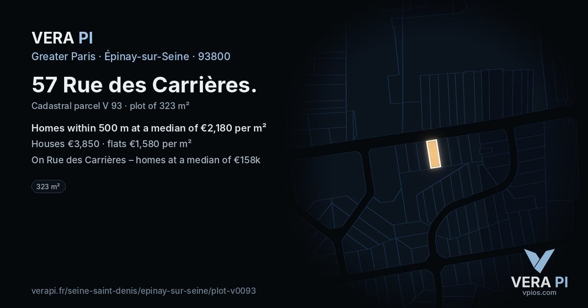 57 Rue des Carrières, Épinay-sur-Seine at night – the plot lit, the parcels around coloured by the prices near them