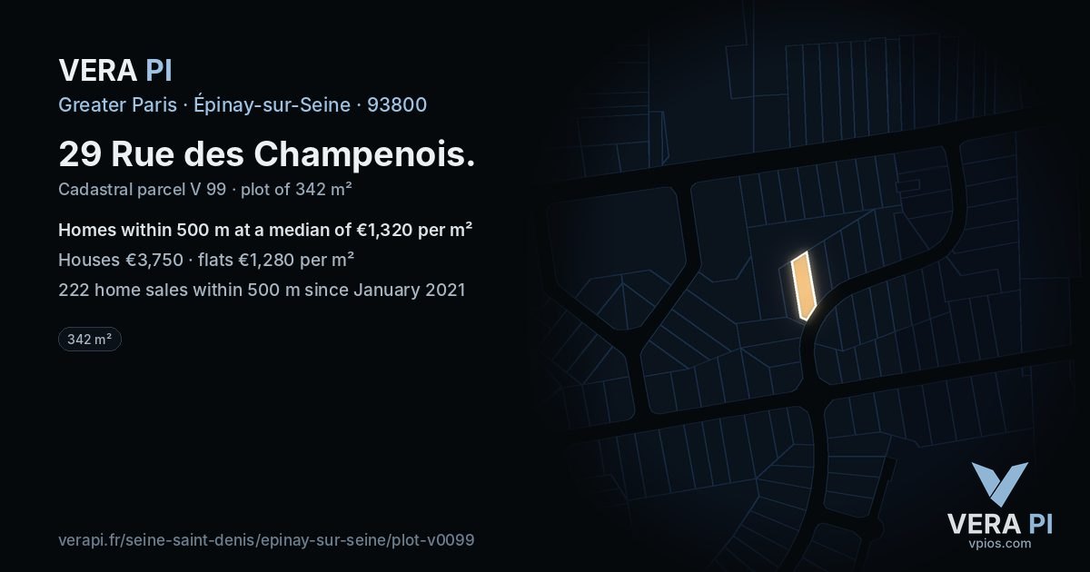 29 Rue des Champenois, Épinay-sur-Seine at night – the plot lit, the parcels around coloured by the prices near them