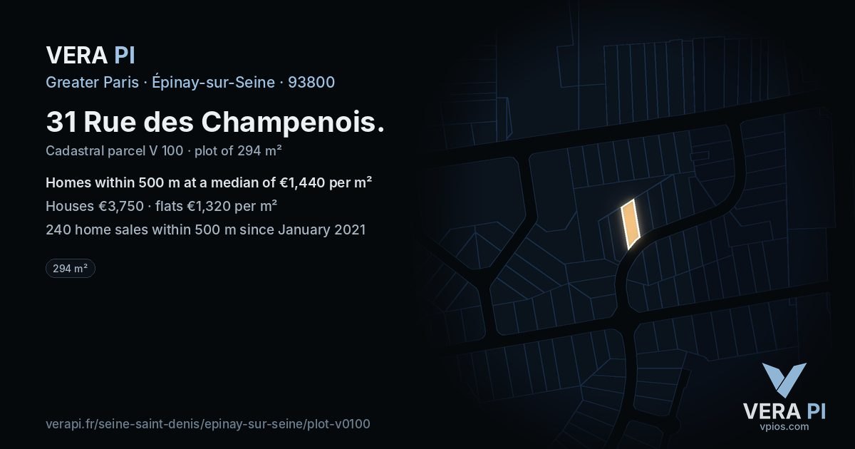 31 Rue des Champenois, Épinay-sur-Seine at night – the plot lit, the parcels around coloured by the prices near them