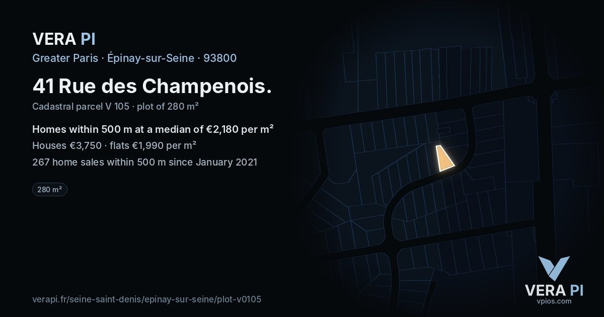 41 Rue des Champenois, Épinay-sur-Seine at night – the plot lit, the parcels around coloured by the prices near them