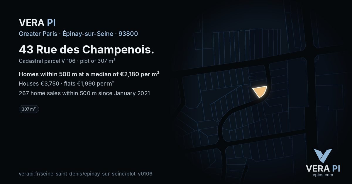 43 Rue des Champenois, Épinay-sur-Seine at night – the plot lit, the parcels around coloured by the prices near them