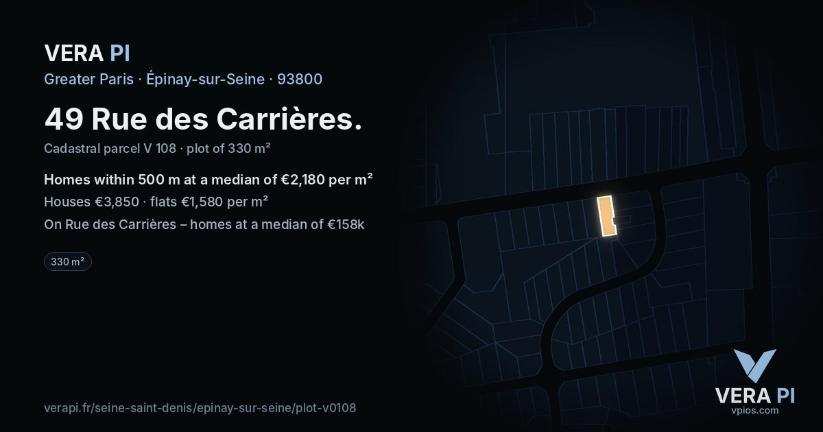 49 Rue des Carrières, Épinay-sur-Seine at night – the plot lit, the parcels around coloured by the prices near them