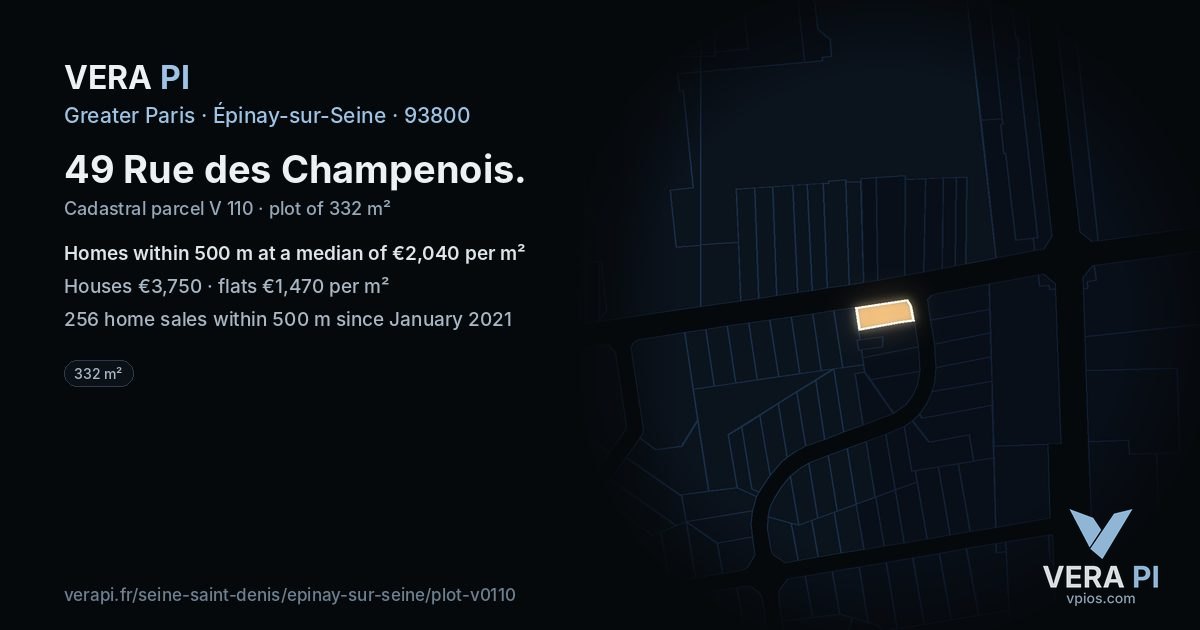 49 Rue des Champenois, Épinay-sur-Seine at night – the plot lit, the parcels around coloured by the prices near them