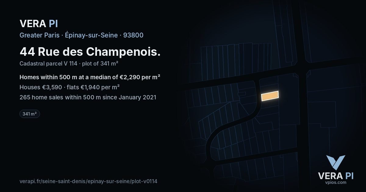 44 Rue des Champenois, Épinay-sur-Seine at night – the plot lit, the parcels around coloured by the prices near them