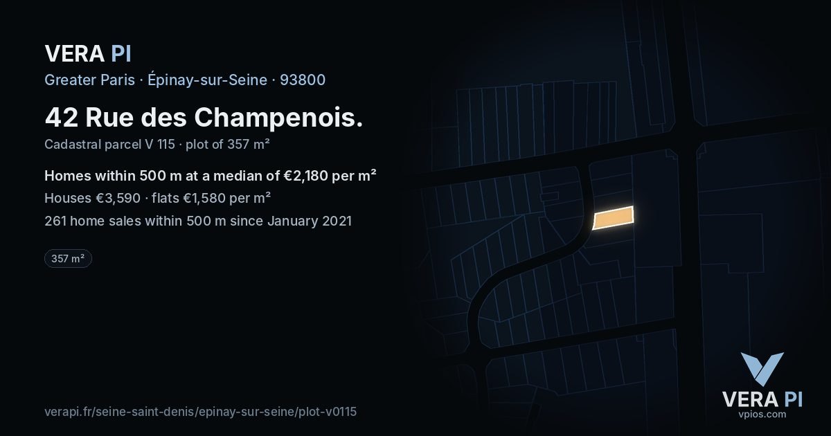42 Rue des Champenois, Épinay-sur-Seine at night – the plot lit, the parcels around coloured by the prices near them