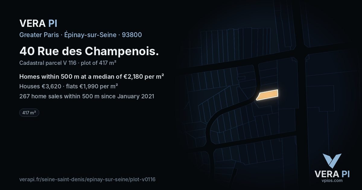 40 Rue des Champenois, Épinay-sur-Seine at night – the plot lit, the parcels around coloured by the prices near them