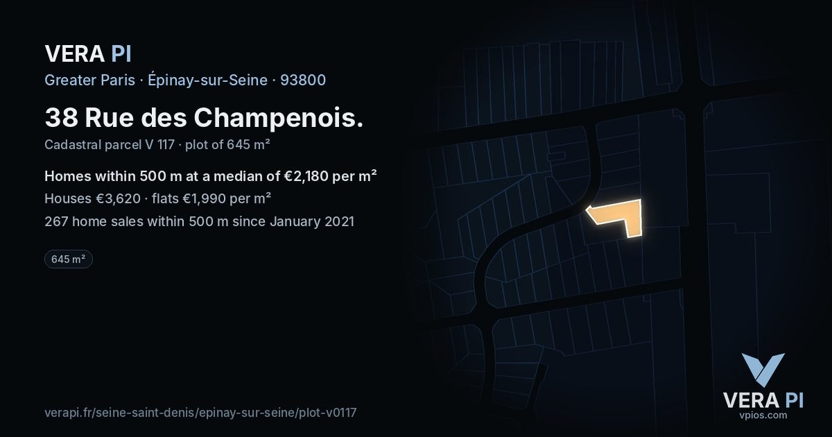 38 Rue des Champenois, Épinay-sur-Seine at night – the plot lit, the parcels around coloured by the prices near them