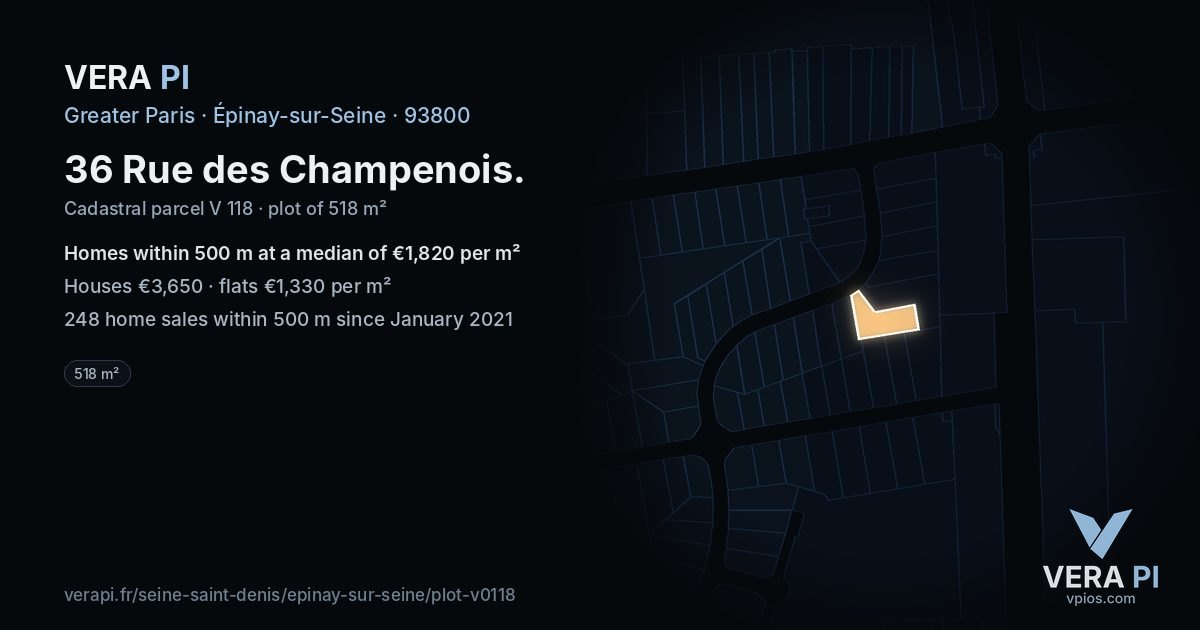 36 Rue des Champenois, Épinay-sur-Seine at night – the plot lit, the parcels around coloured by the prices near them
