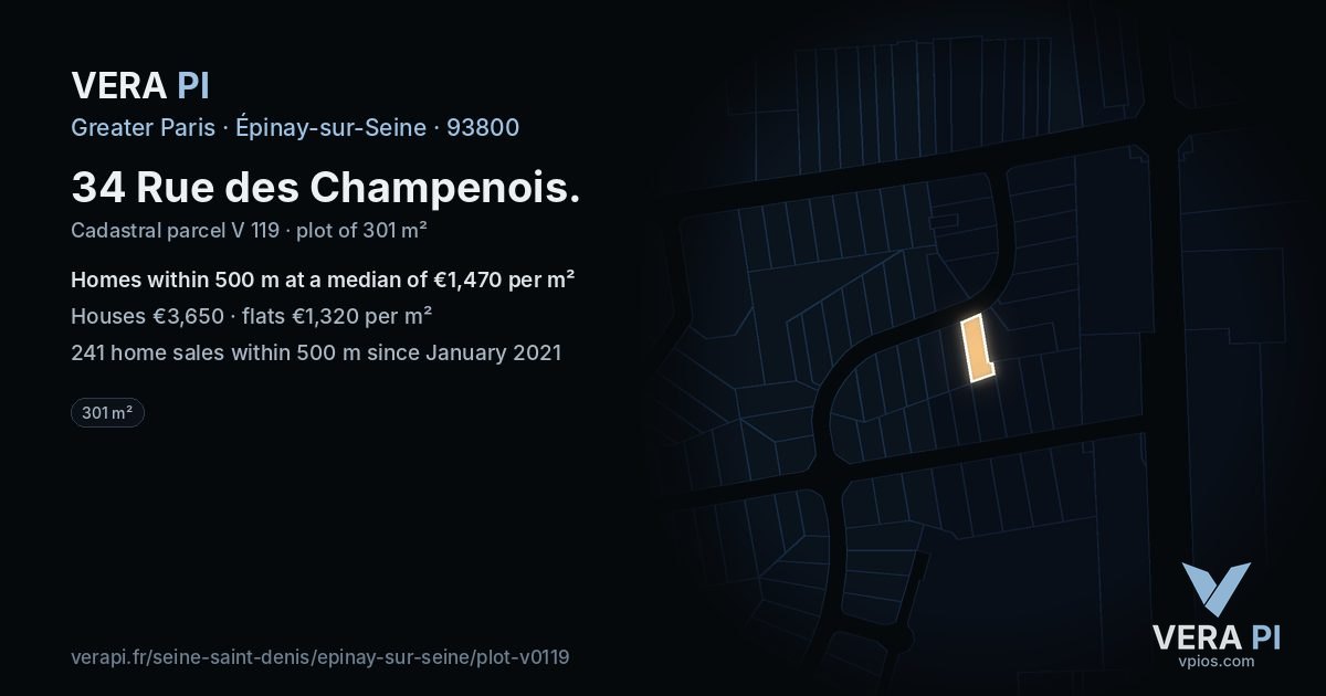 34 Rue des Champenois, Épinay-sur-Seine at night – the plot lit, the parcels around coloured by the prices near them