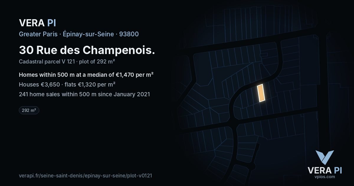 30 Rue des Champenois, Épinay-sur-Seine at night – the plot lit, the parcels around coloured by the prices near them