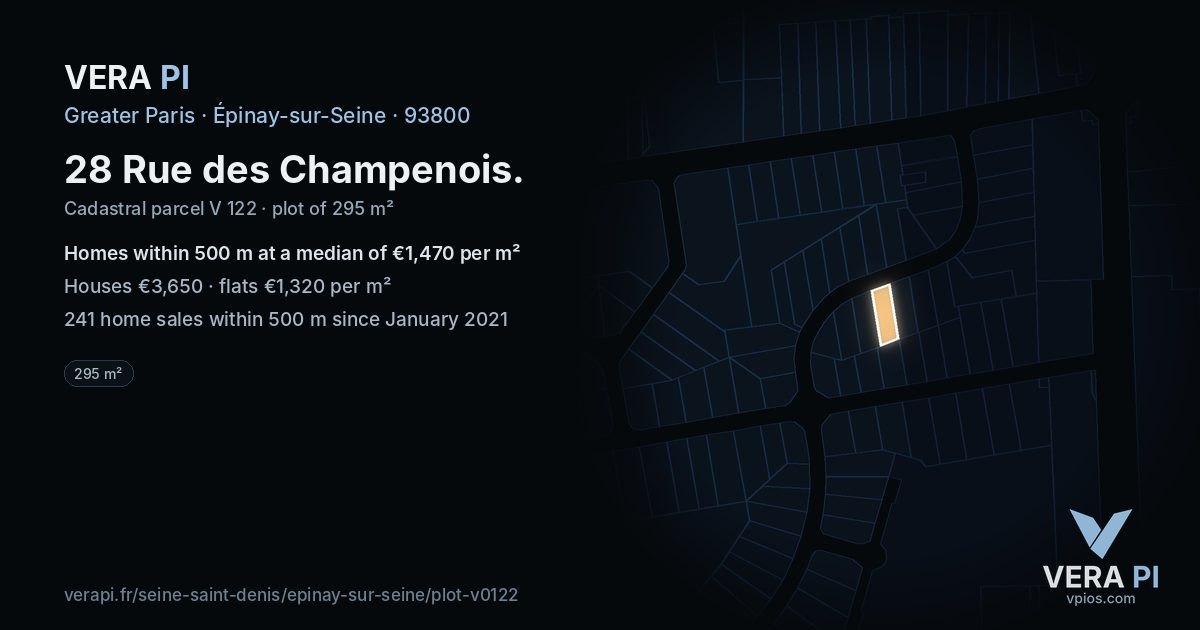 28 Rue des Champenois, Épinay-sur-Seine at night – the plot lit, the parcels around coloured by the prices near them