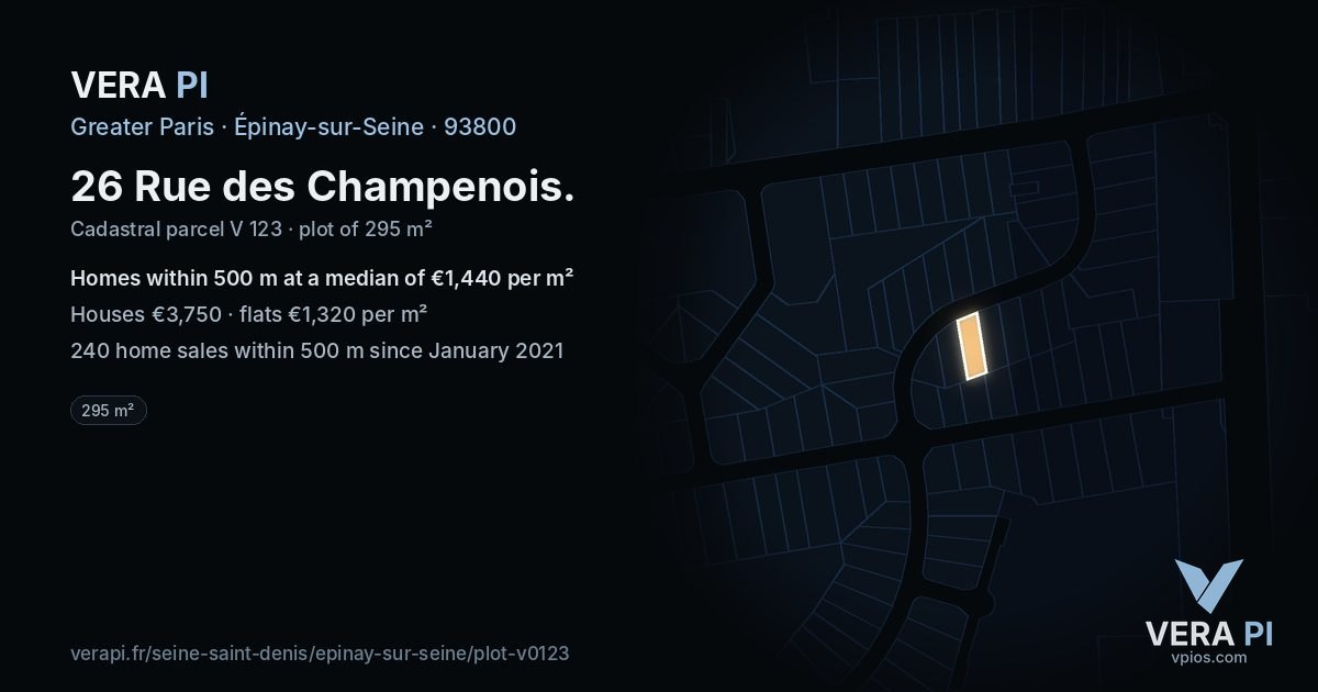 26 Rue des Champenois, Épinay-sur-Seine at night – the plot lit, the parcels around coloured by the prices near them