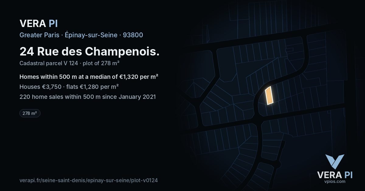24 Rue des Champenois, Épinay-sur-Seine at night – the plot lit, the parcels around coloured by the prices near them