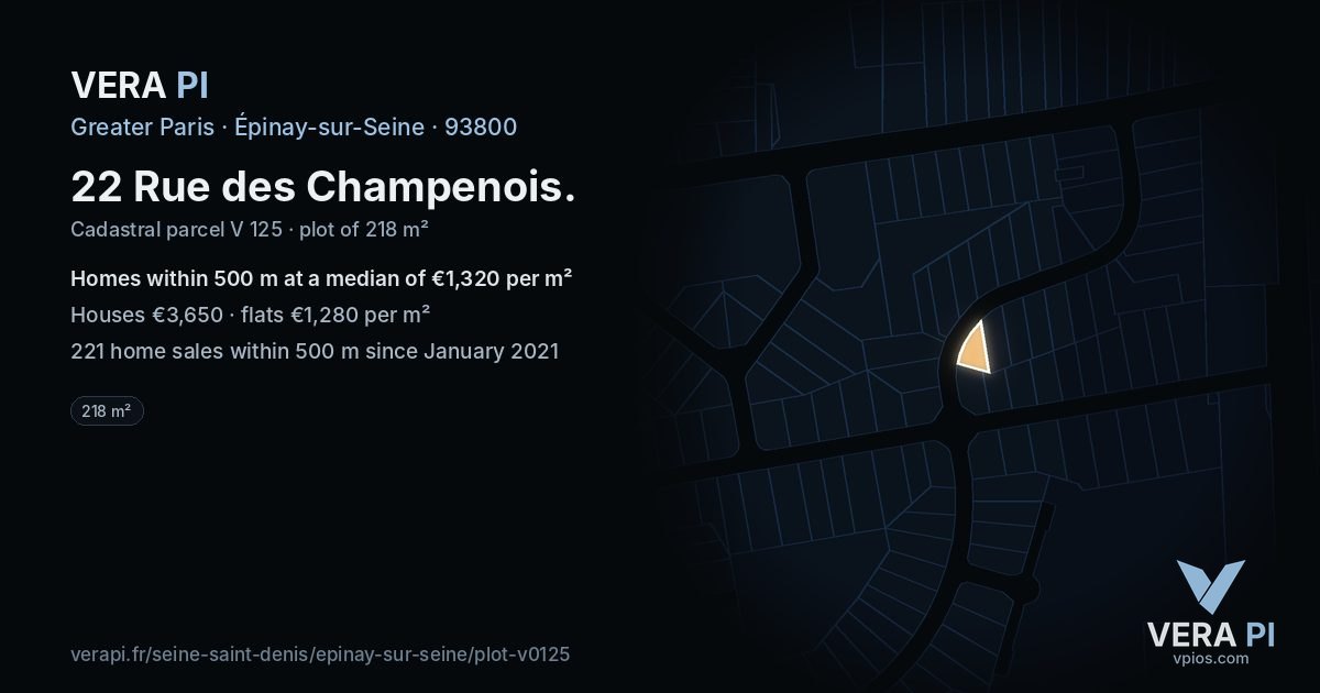 22 Rue des Champenois, Épinay-sur-Seine at night – the plot lit, the parcels around coloured by the prices near them