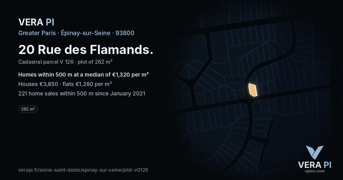 20 Rue des Flamands, Épinay-sur-Seine at night – the plot lit, the parcels around coloured by the prices near them