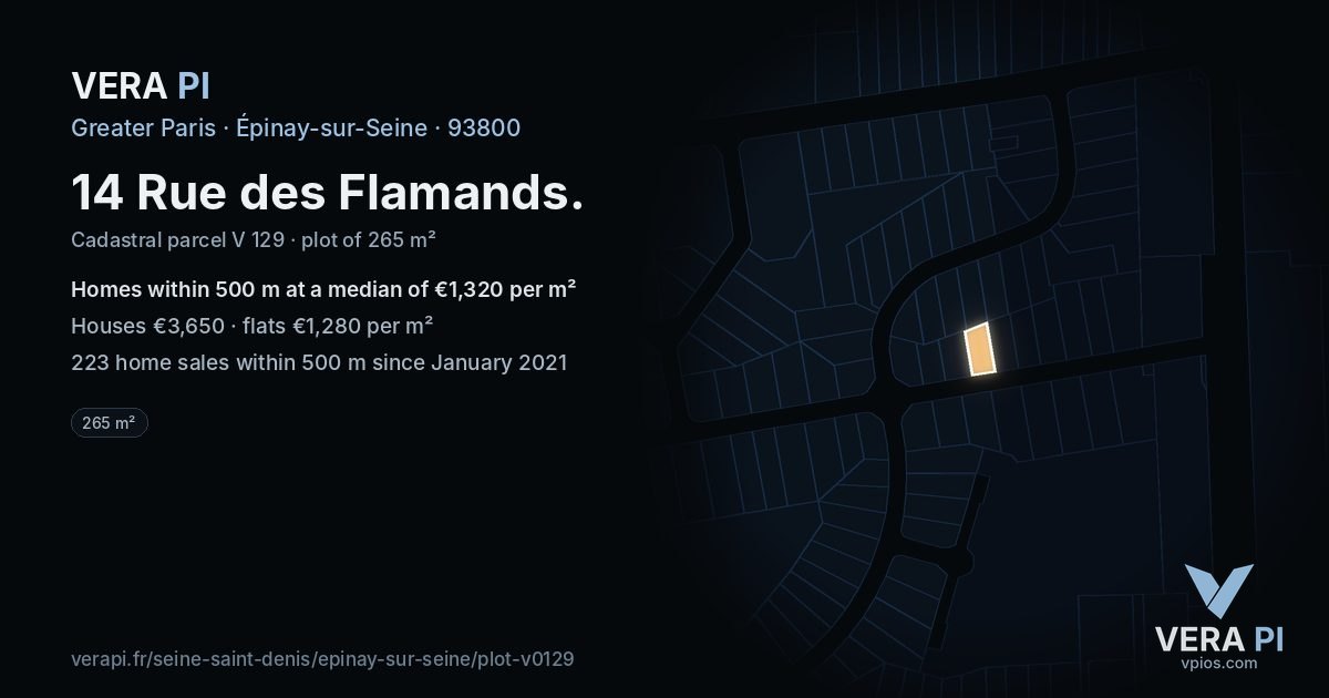 14 Rue des Flamands, Épinay-sur-Seine at night – the plot lit, the parcels around coloured by the prices near them