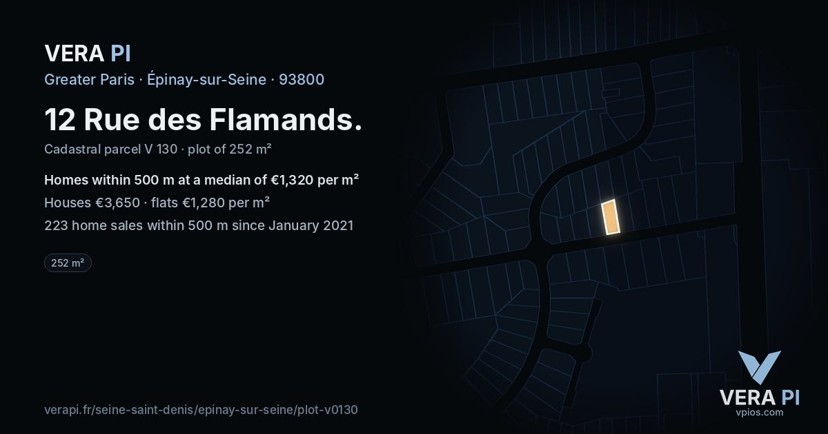 12 Rue des Flamands, Épinay-sur-Seine at night – the plot lit, the parcels around coloured by the prices near them
