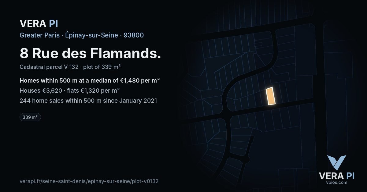 8 Rue des Flamands, Épinay-sur-Seine at night – the plot lit, the parcels around coloured by the prices near them