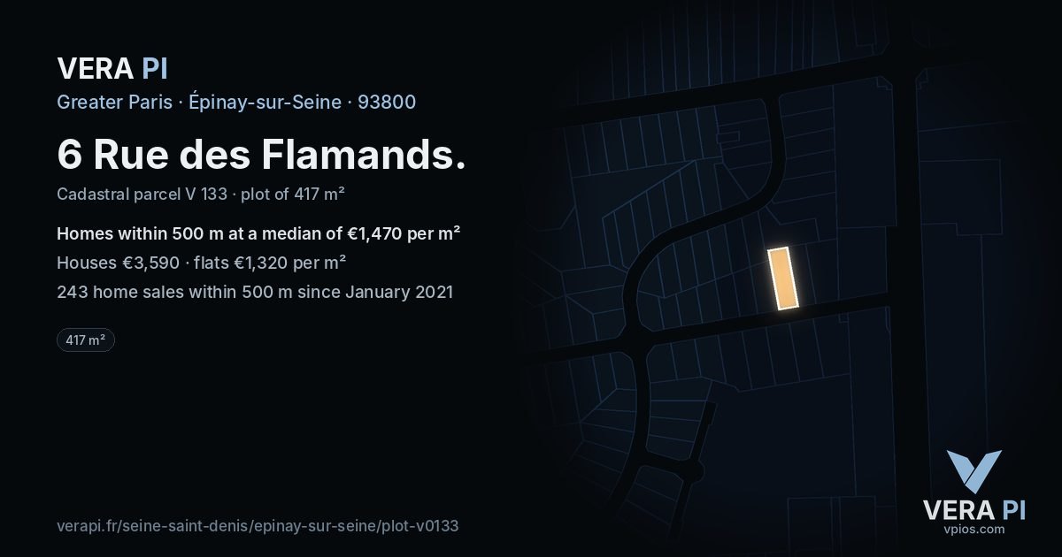6 Rue des Flamands, Épinay-sur-Seine at night – the plot lit, the parcels around coloured by the prices near them