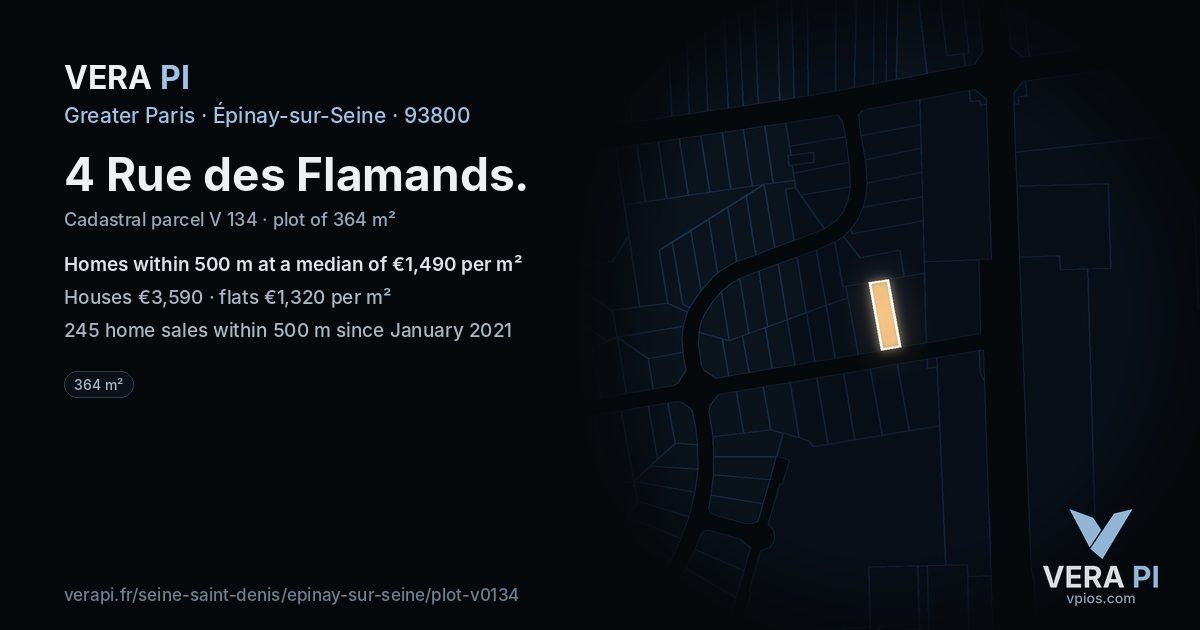 4 Rue des Flamands, Épinay-sur-Seine at night – the plot lit, the parcels around coloured by the prices near them