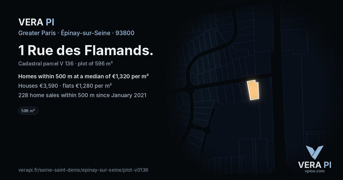 1 Rue des Flamands, Épinay-sur-Seine at night – the plot lit, the parcels around coloured by the prices near them