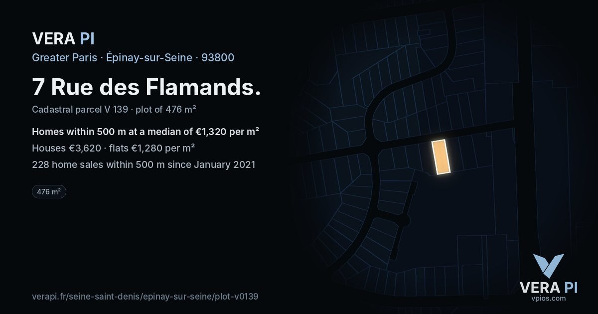 7 Rue des Flamands, Épinay-sur-Seine at night – the plot lit, the parcels around coloured by the prices near them