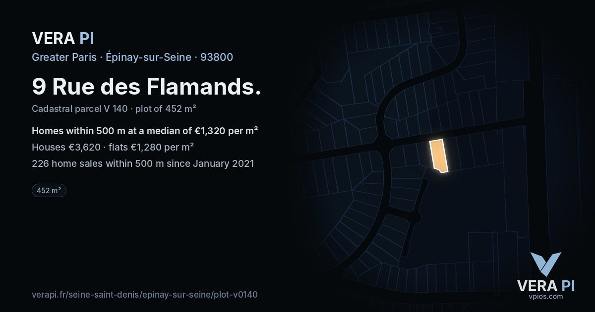 9 Rue des Flamands, Épinay-sur-Seine at night – the plot lit, the parcels around coloured by the prices near them