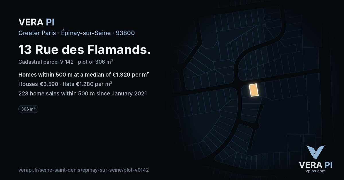 13 Rue des Flamands, Épinay-sur-Seine at night – the plot lit, the parcels around coloured by the prices near them