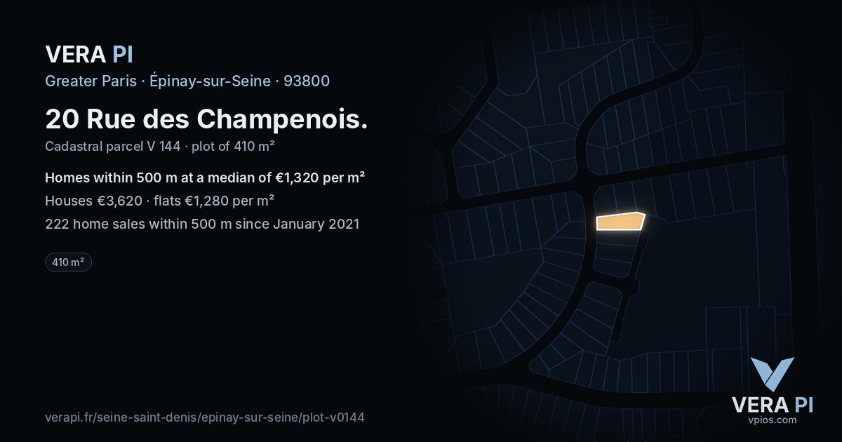 20 Rue des Champenois, Épinay-sur-Seine at night – the plot lit, the parcels around coloured by the prices near them