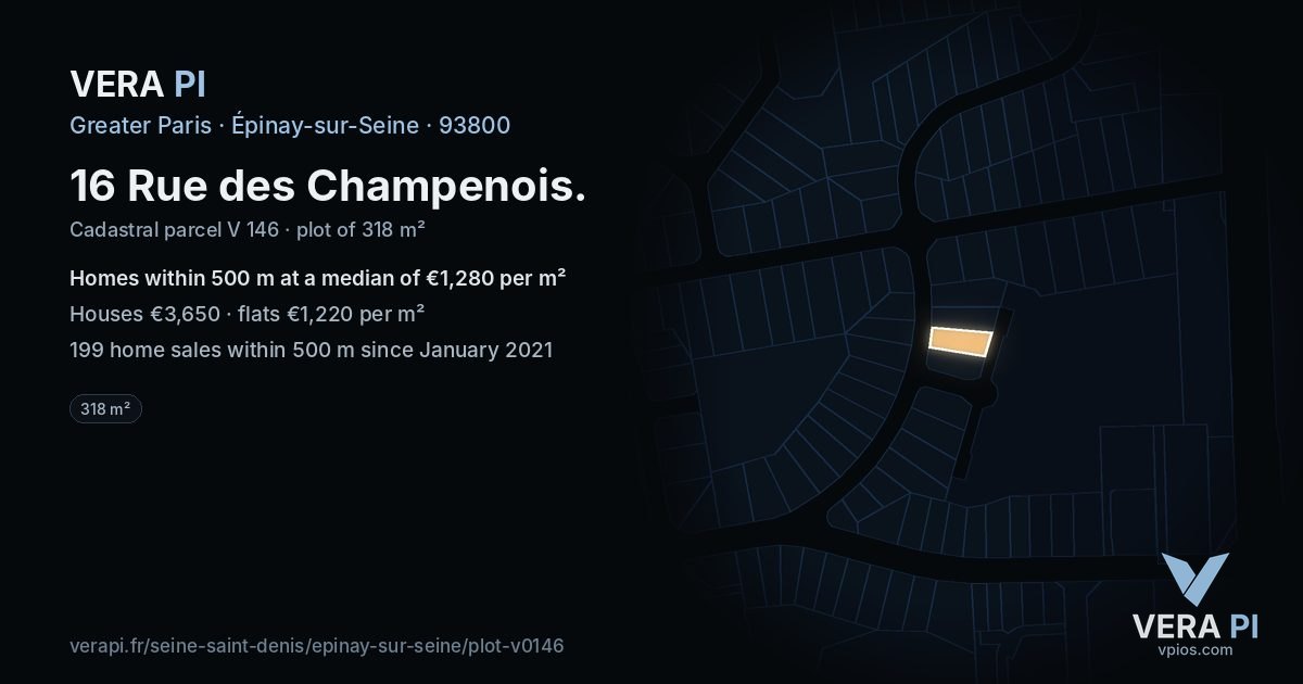16 Rue des Champenois, Épinay-sur-Seine at night – the plot lit, the parcels around coloured by the prices near them